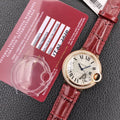 CARTIER BALLON BLEU 33MM ROSE GOLD CASE DIAMOND BEZEL RED LEATHER