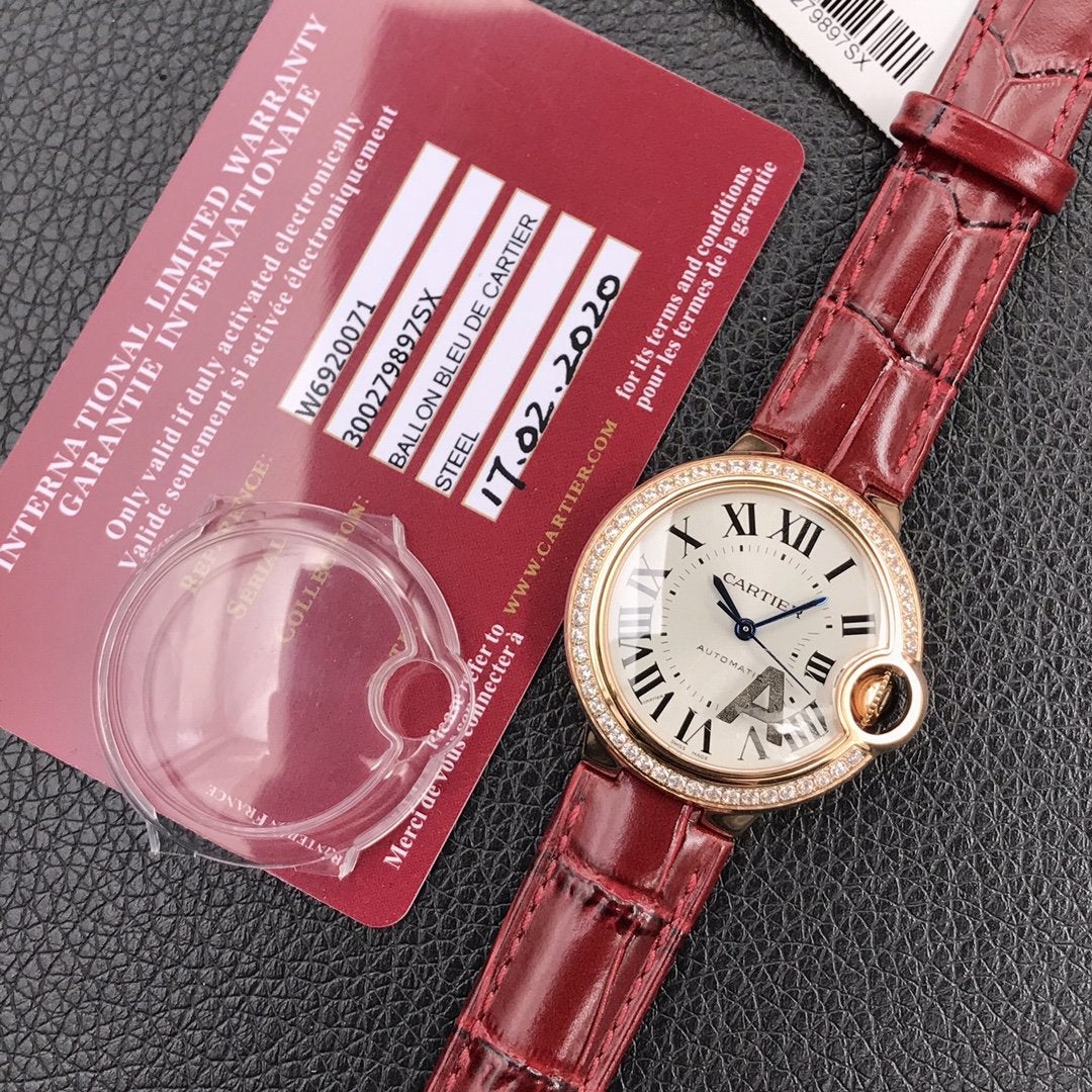 CARTIER BALLON BLEU 33MM ROSE GOLD CASE DIAMOND BEZEL RED LEATHER