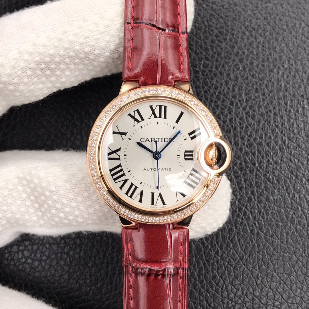 CARTIER BALLON BLEU 33MM ROSE GOLD CASE DIAMOND BEZEL RED LEATHER