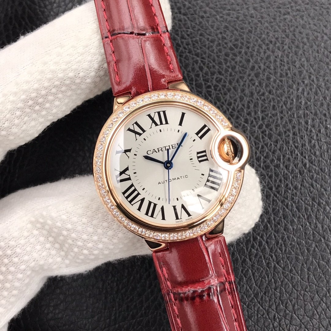 CARTIER BALLON BLEU 33MM ROSE GOLD CASE DIAMOND BEZEL RED LEATHER