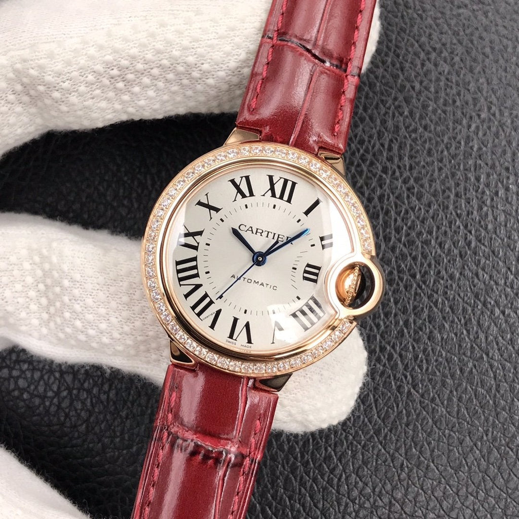 CARTIER BALLON BLEU 33MM ROSE GOLD CASE DIAMOND BEZEL RED LEATHER
