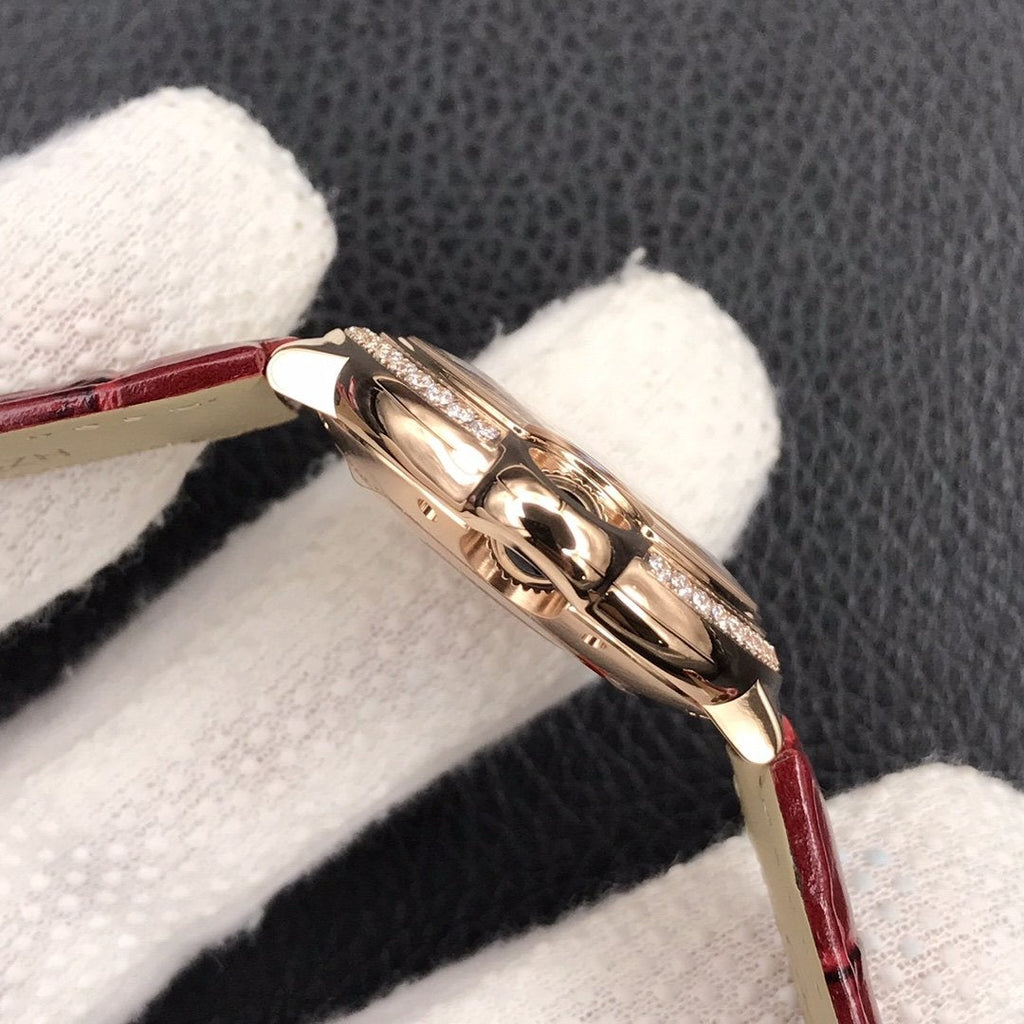 CARTIER BALLON BLEU 33MM ROSE GOLD CASE DIAMOND BEZEL RED LEATHER