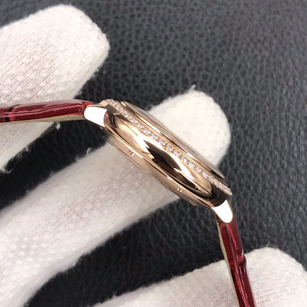 CARTIER BALLON BLEU 33MM ROSE GOLD CASE DIAMOND BEZEL RED LEATHER