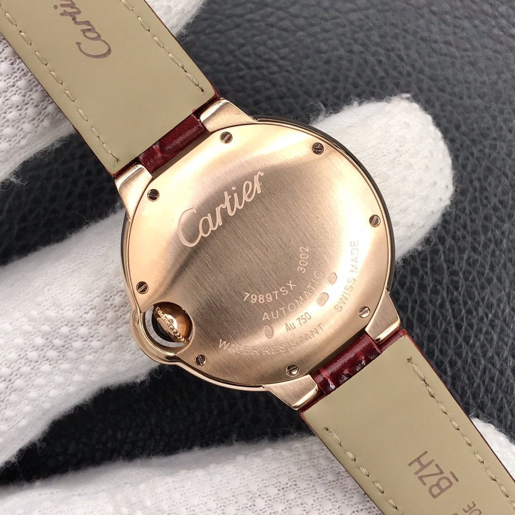 CARTIER BALLON BLEU 33MM ROSE GOLD CASE DIAMOND BEZEL RED LEATHER