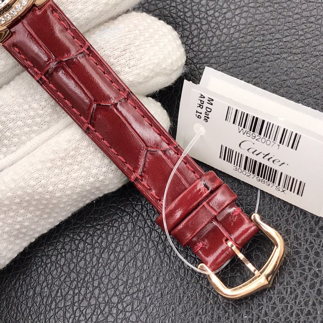 CARTIER BALLON BLEU 33MM ROSE GOLD CASE DIAMOND BEZEL RED LEATHER