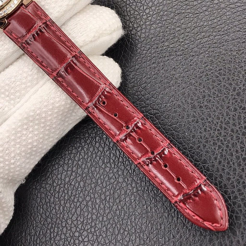 CARTIER BALLON BLEU 33MM ROSE GOLD CASE DIAMOND BEZEL RED LEATHER
