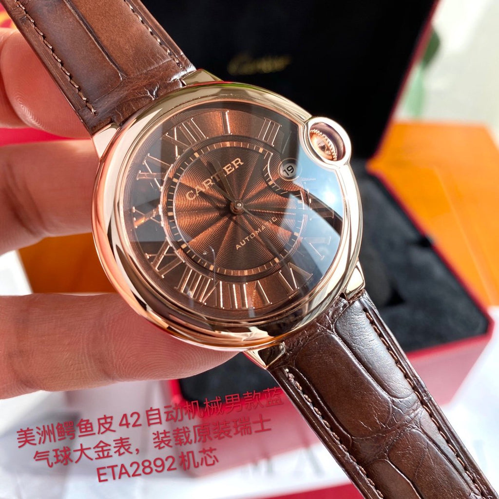 CARTIER BALLON BLEU 42 ROSE GOLD CASE BROWN DIAL LEATHER BRACELET
