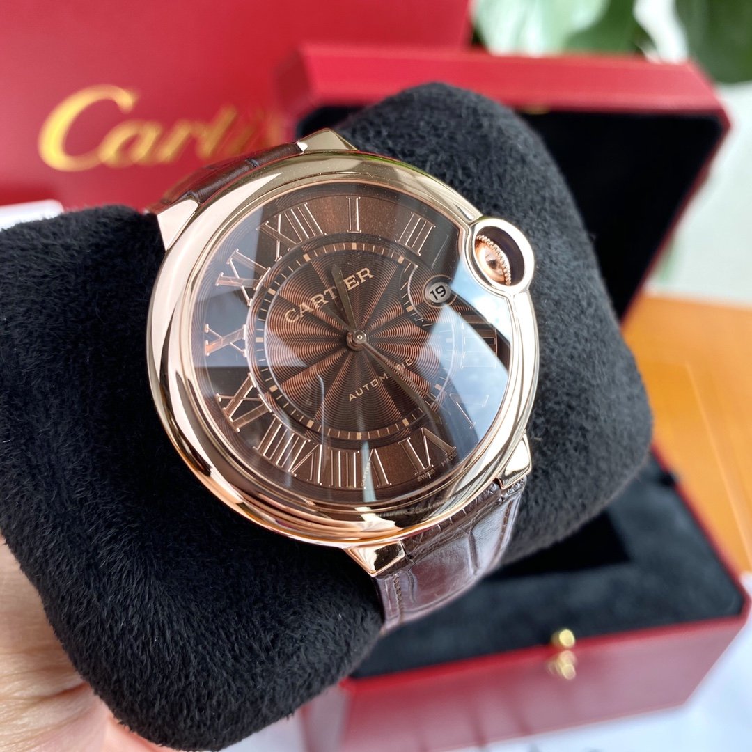 CARTIER BALLON BLEU 42 ROSE GOLD CASE BROWN DIAL LEATHER BRACELET