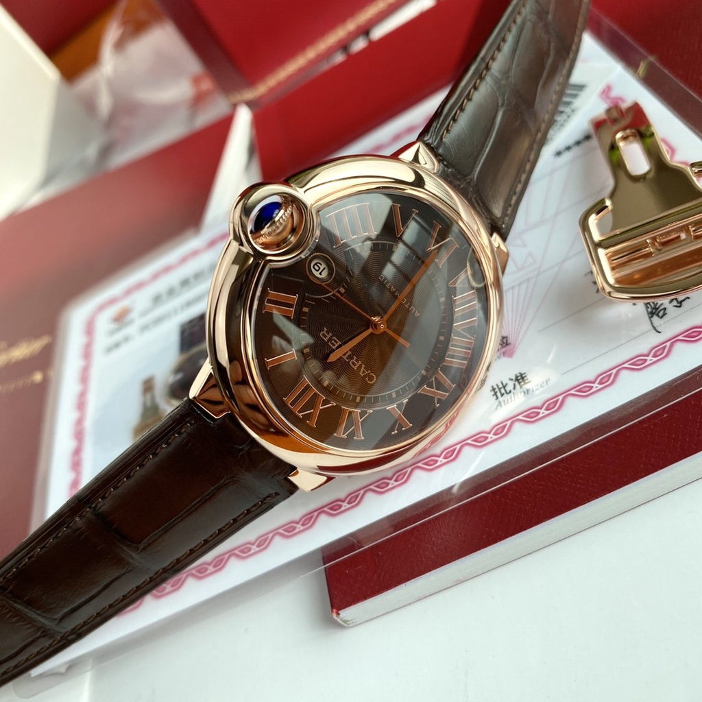 CARTIER BALLON BLEU 42 ROSE GOLD CASE BROWN DIAL LEATHER BRACELET