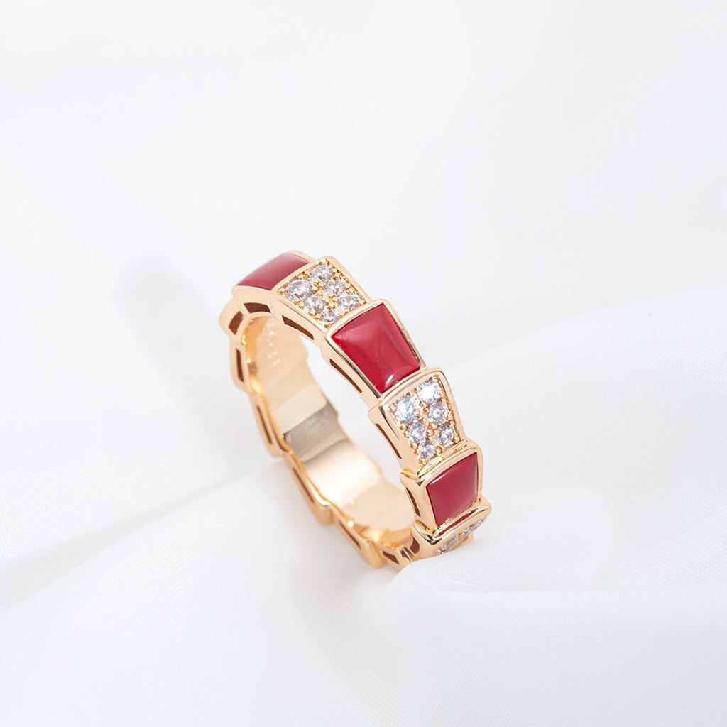 Bvlgari SERPENTI RING PINK GOLD CARNELIAN DIAMOND PAVED 4MM