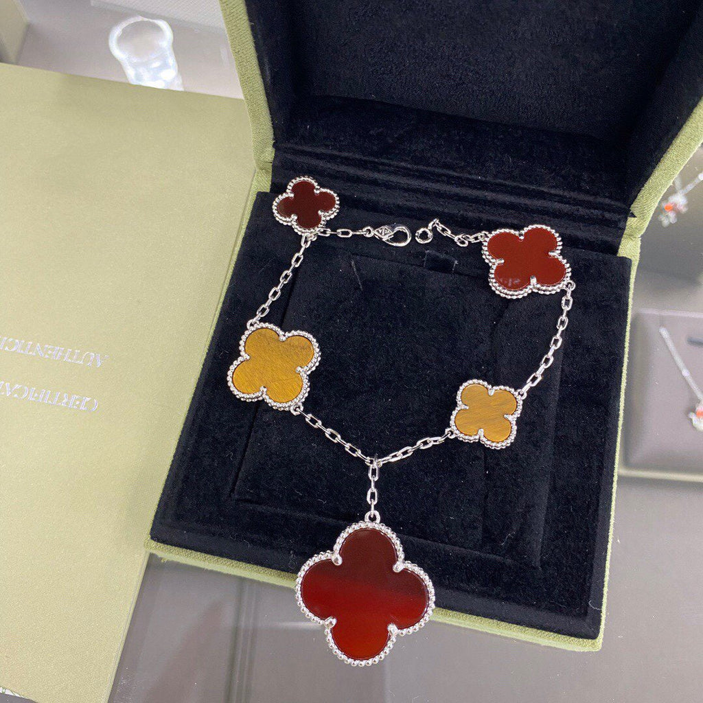 Van Cleef & Arpels CLOVER 5 MOTIFS SIVLER CARNELIAN TIGER EYE BRACELET