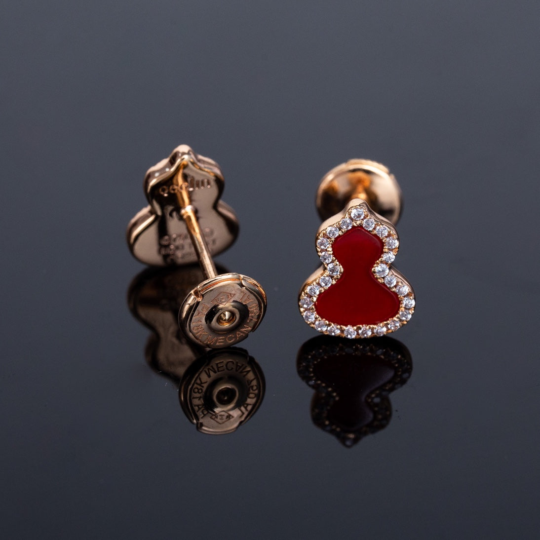 QEELIN WULU CARNELIAN DIAMOND PINK GOLD STUD EARRINGS