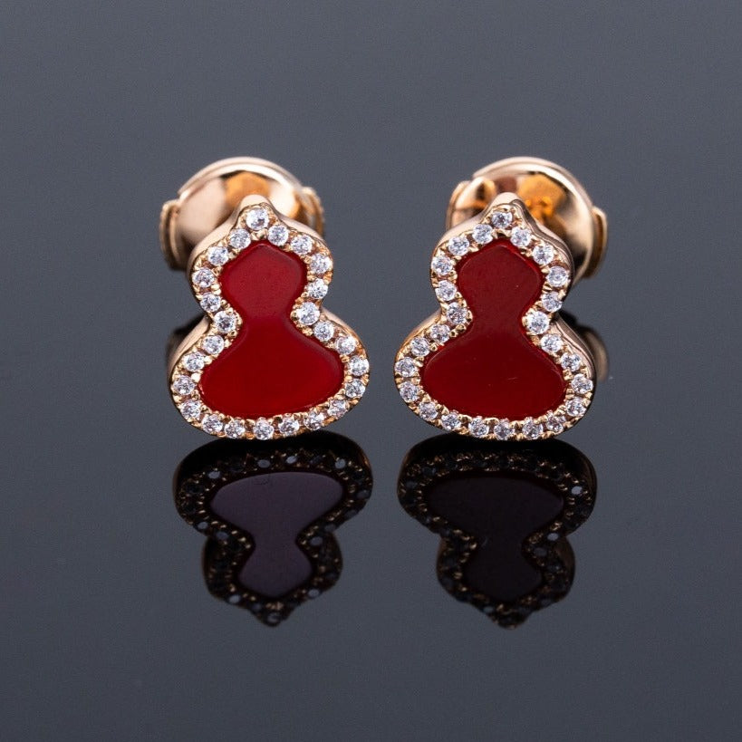QEELIN WULU CARNELIAN DIAMOND PINK GOLD STUD EARRINGS