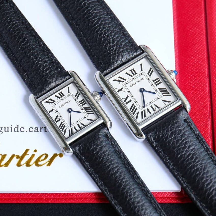 CARTIER TANK MUST SMALL STEEL LEATHER STRAP WHITE DIAL