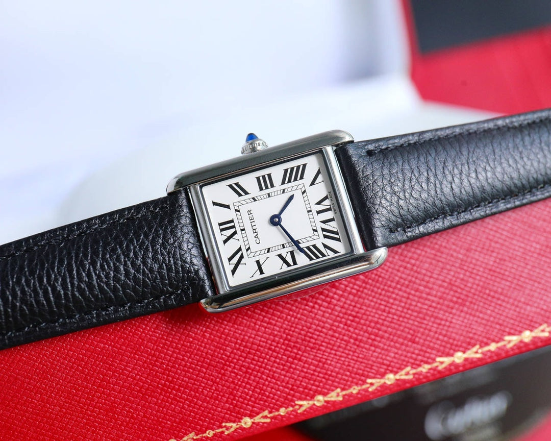 CARTIER TANK MUST SMALL STEEL LEATHER STRAP WHITE DIAL