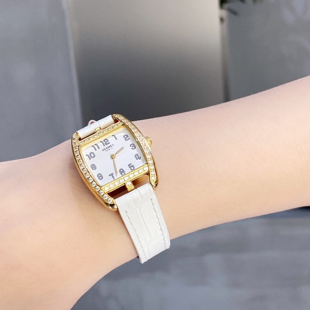 HERMES CAPE COD 26 GOLD MOP DIAL DIAMOND BEZEL WHITE LEATHER