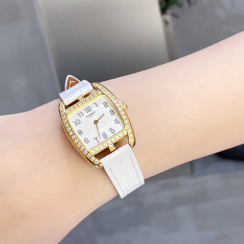 HERMES CAPE COD 26 GOLD MOP DIAL DIAMOND BEZEL WHITE LEATHER