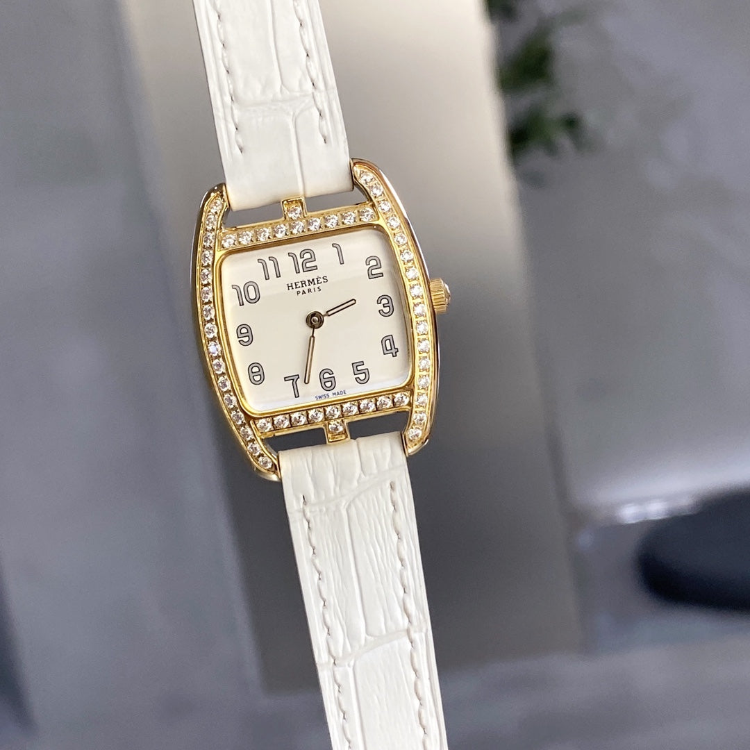 HERMES CAPE COD 26 GOLD MOP DIAL DIAMOND BEZEL WHITE LEATHER