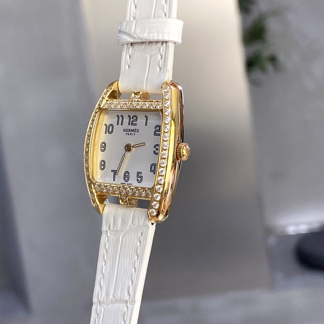 HERMES CAPE COD 26 GOLD MOP DIAL DIAMOND BEZEL WHITE LEATHER