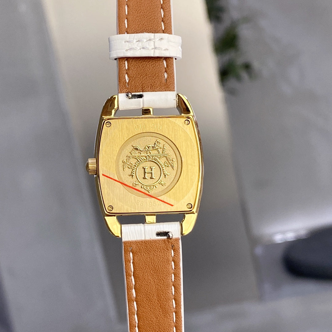 HERMES CAPE COD 26 GOLD MOP DIAL DIAMOND BEZEL WHITE LEATHER