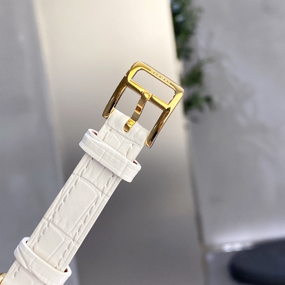 HERMES CAPE COD 26 GOLD MOP DIAL DIAMOND BEZEL WHITE LEATHER