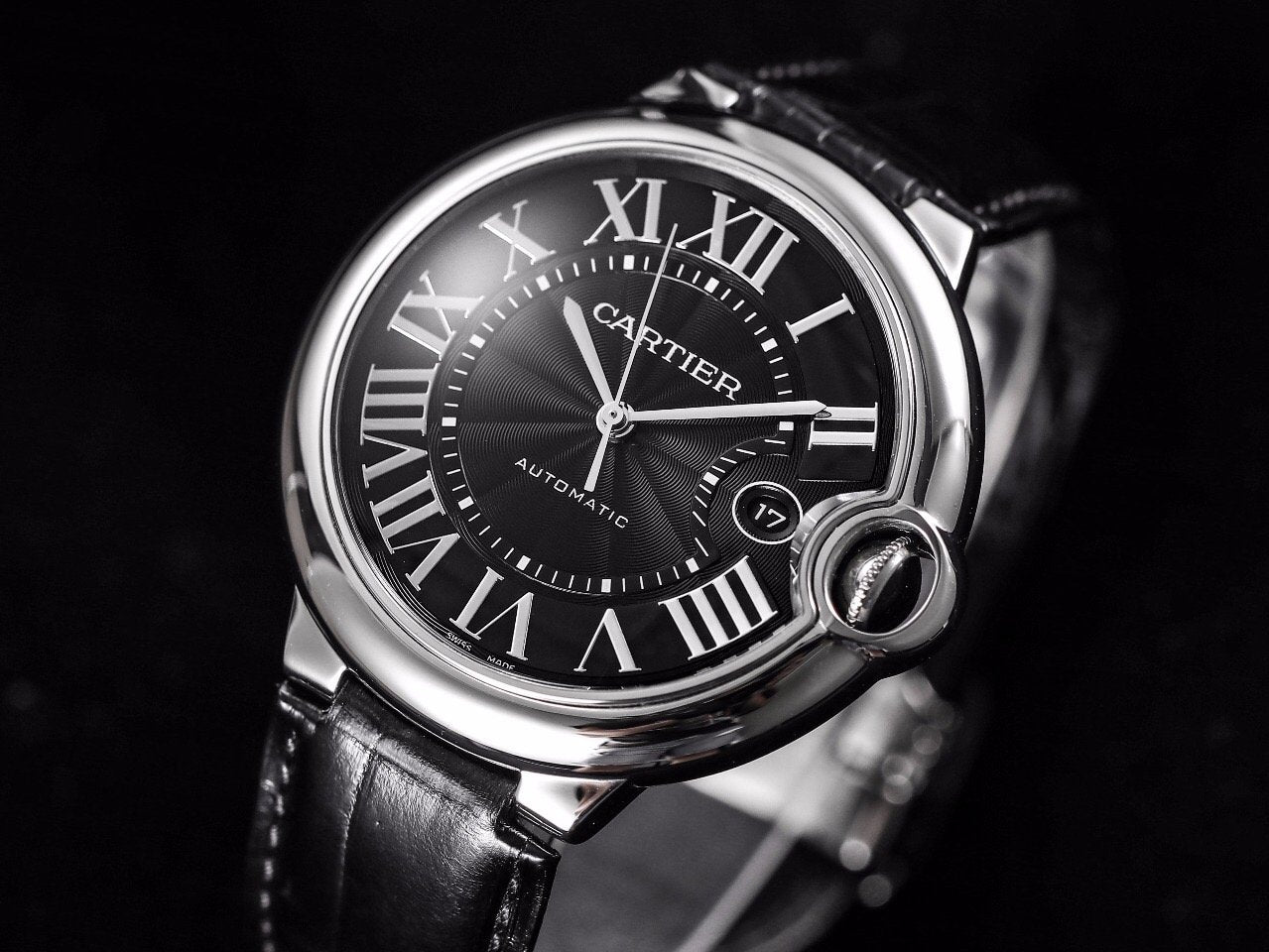 CARTIER BALLON BLEU 42 BLACK DIAL LEATHER BRACELET