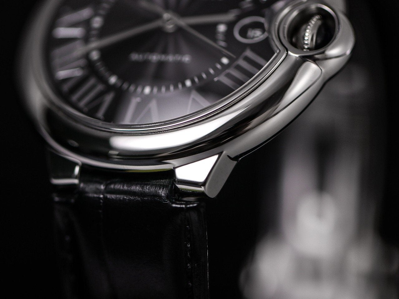 CARTIER BALLON BLEU 42 BLACK DIAL LEATHER BRACELET