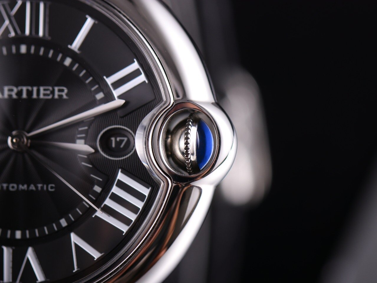 CARTIER BALLON BLEU 42 BLACK DIAL LEATHER BRACELET