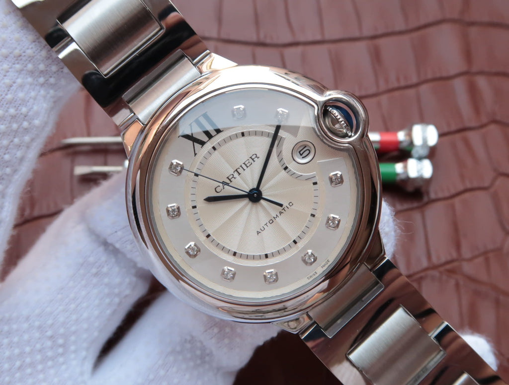 CARTIER BALLON BLEU DATE 42 SILVER DIAL DIAMOND NUMERALS