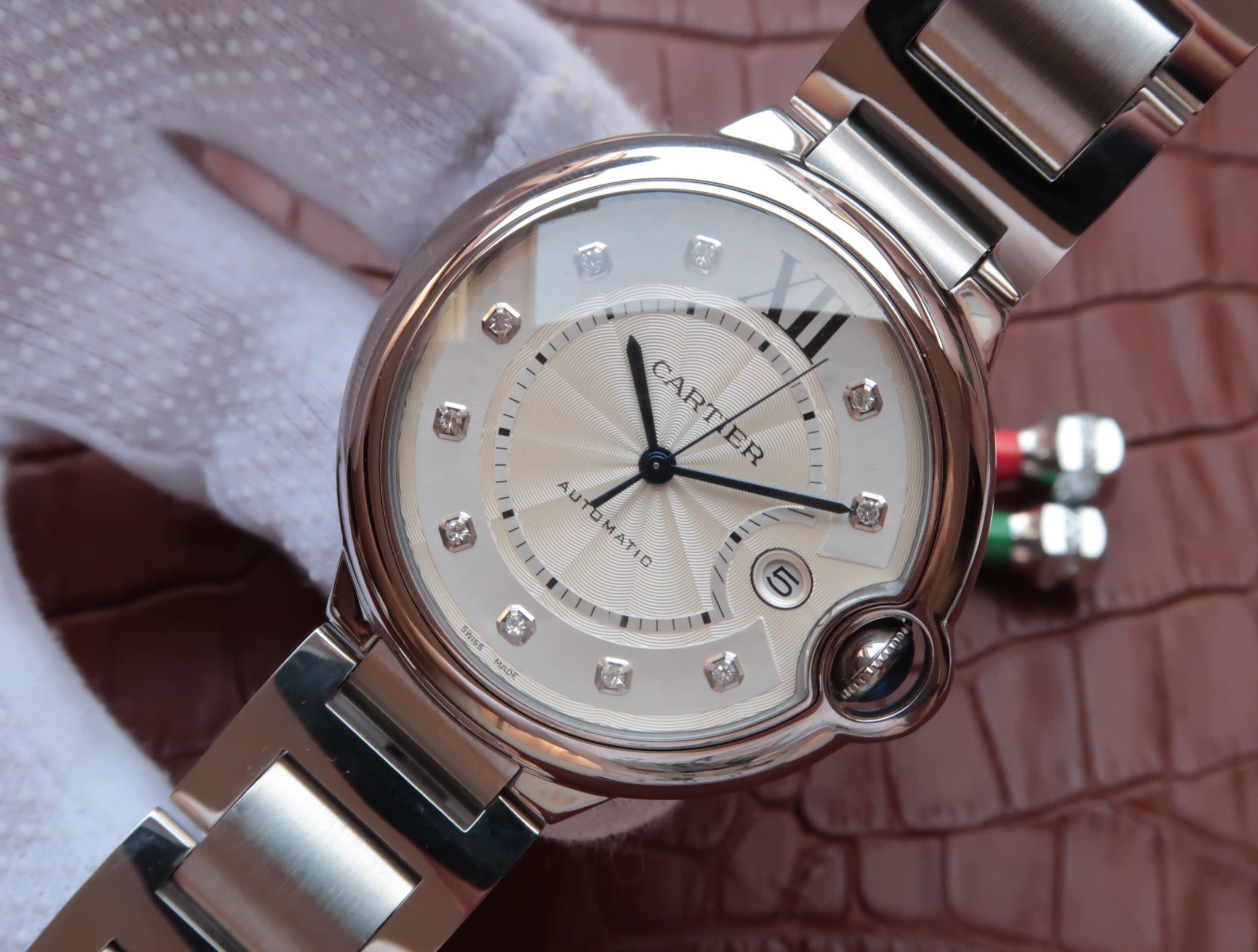 CARTIER BALLON BLEU DATE 42 SILVER DIAL DIAMOND NUMERALS