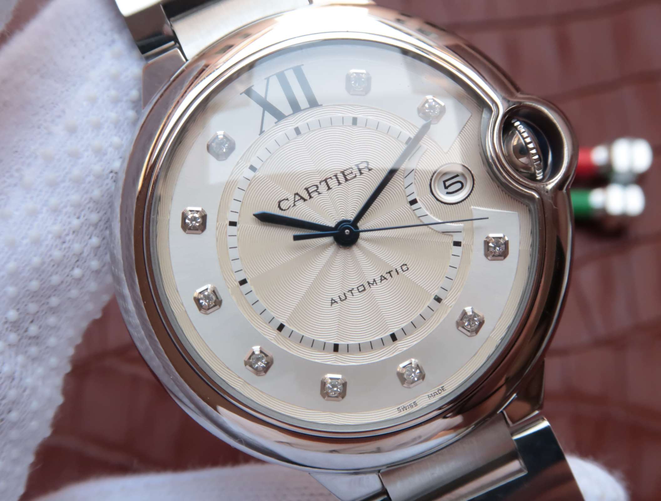 CARTIER BALLON BLEU DATE 42 SILVER DIAL DIAMOND NUMERALS