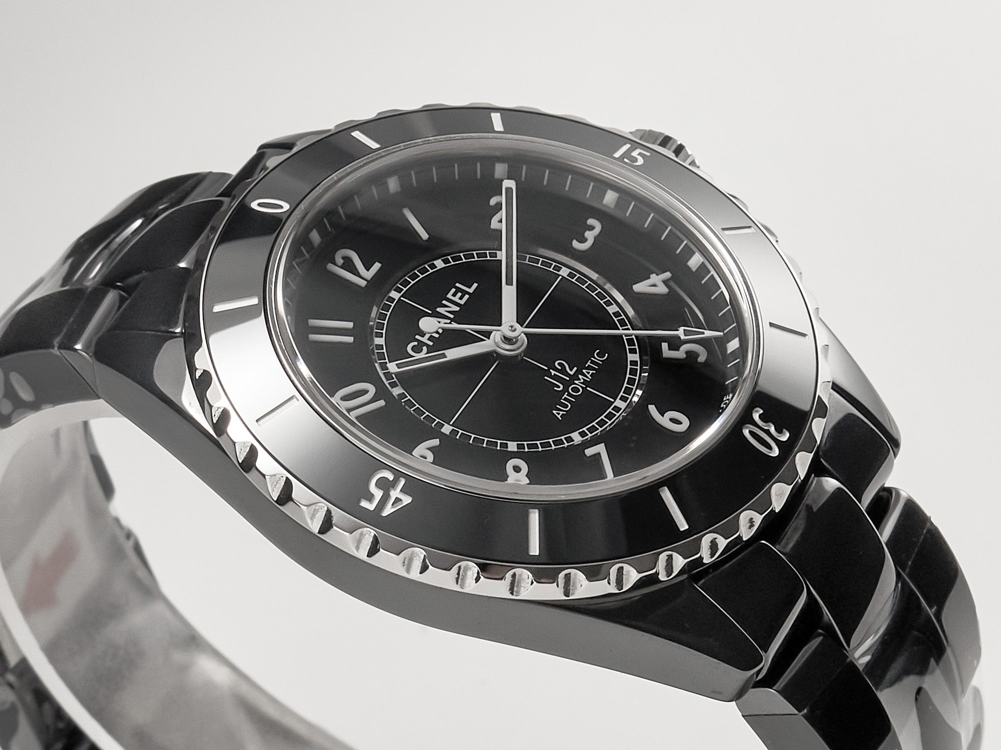 CHANEL J12 Date Automatic Black Ceramic White Numerals Black Dial Black Steel Hands
