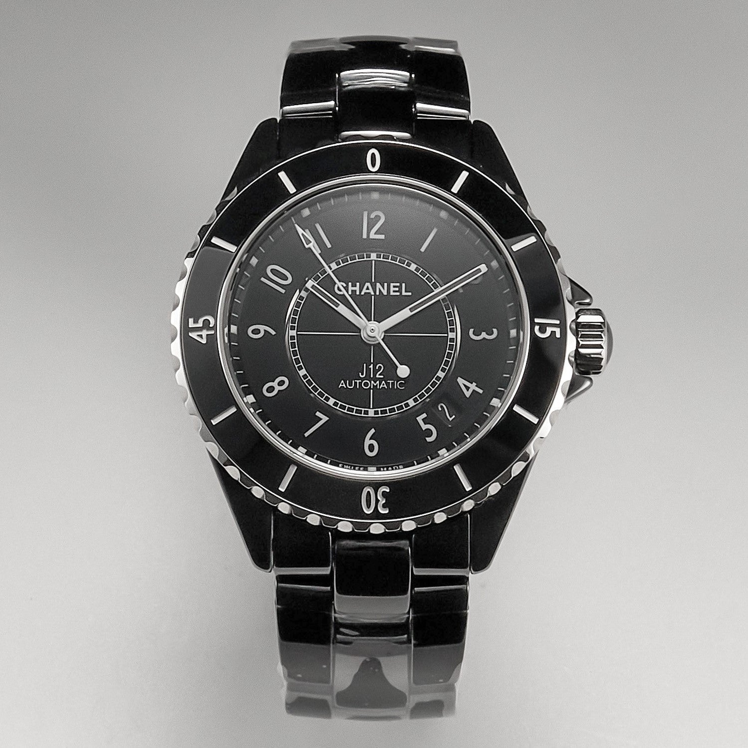 CHANEL J12 Date Automatic Black Ceramic White Numerals Black Dial Black Steel Hands