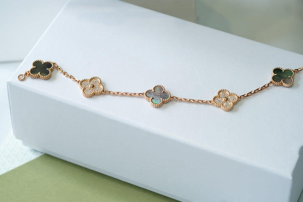 Van Cleef & Arpels CLOVER 5 MOTIFS DARK MOP AND DIAMONDS PINK GOLD BRACELET