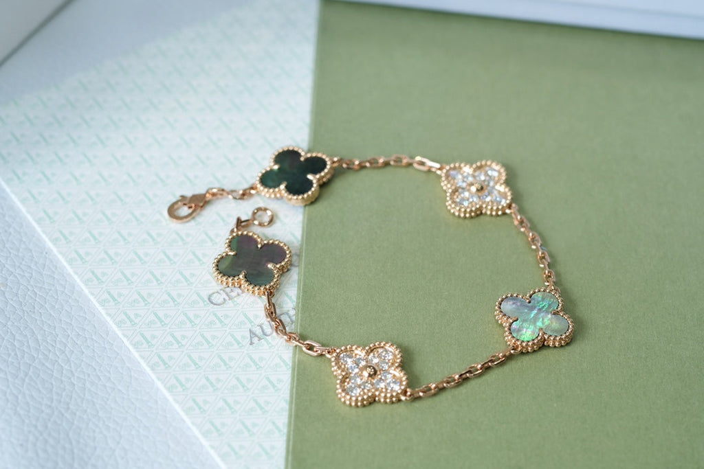 Van Cleef & Arpels CLOVER 5 MOTIFS DARK MOP AND DIAMONDS PINK GOLD BRACELET