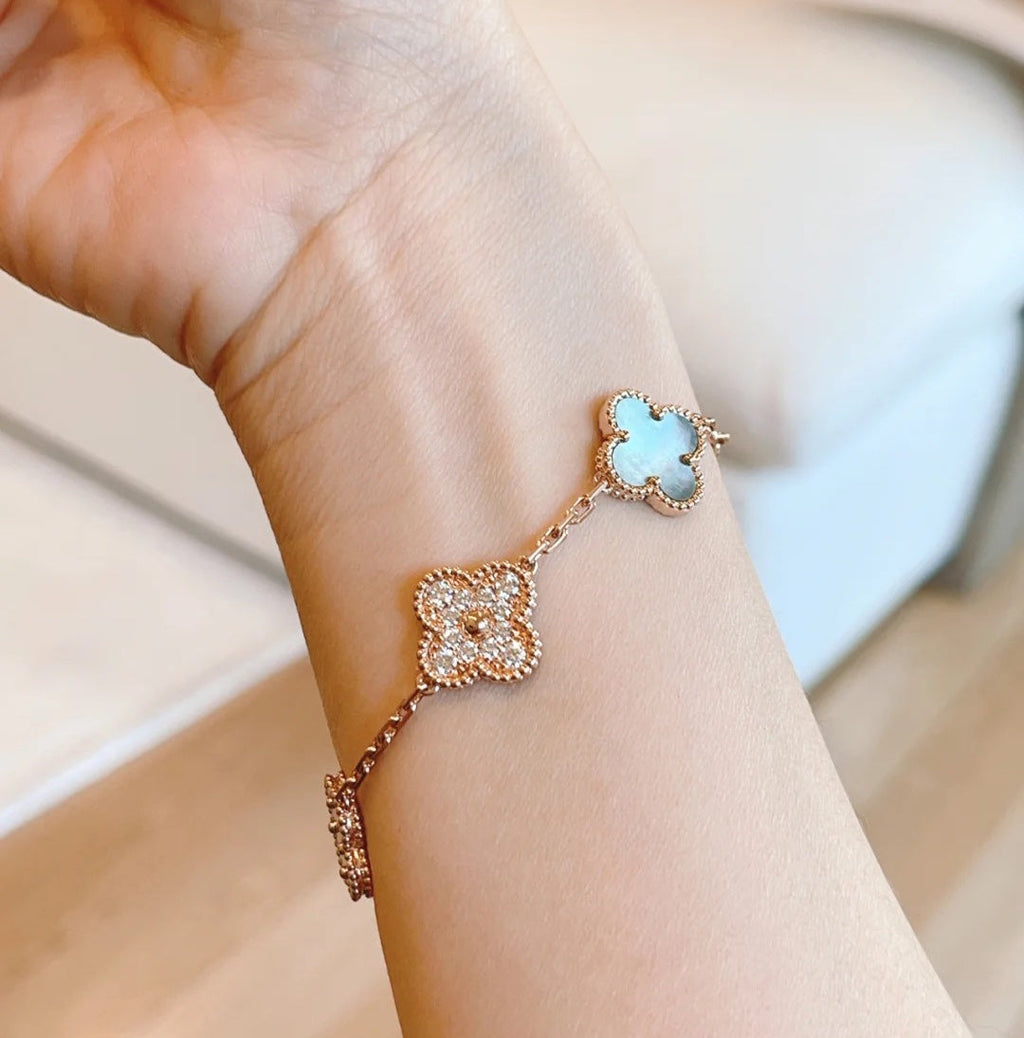 Van Cleef & Arpels CLOVER 5 MOTIFS DARK MOP AND DIAMONDS PINK GOLD BRACELET